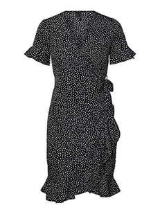 VERO MODA Women's VMHENNA 2/4 WRAP Frill Dress WVN NOOS sukienka, czarna/AOP: białe kropki, S, czarny/kolor: biały Tiny Dots, S - Sukienki - miniaturka - grafika 1