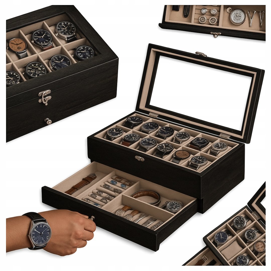 DREWNIANE PUDEŁKO NA BIŻUTERIĘ Z AKSAMITNĄ TACĄ ORGANIZER 2-POZIOMOWY ETUI