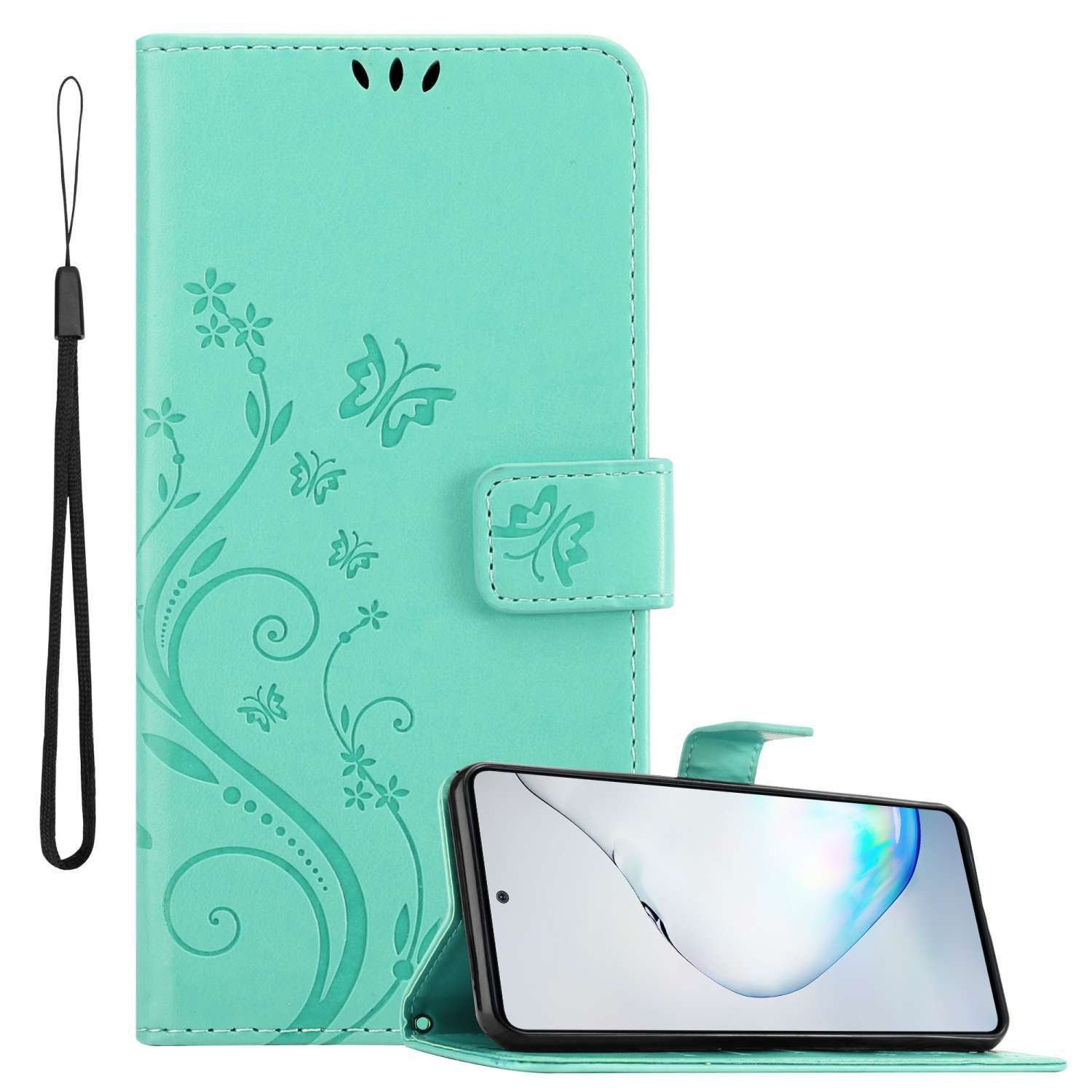 Pokrowiec Cadorabo do Samsung Galaxy A81 / NOTE 10 LITE / M60s w kolorze FLORAL TURQUOISE pokrowiec ochronny w kwiatowy wzór z magnetycznym zamknięciem, funkcją podstawki i kieszeniami na karty etui z klapką w kwiaty etui na telefon komórkowy etui na książkę