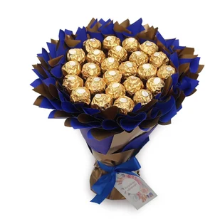 Bukiet niebieski i złoty ze słodyczy Ferrero Rocher (25 szt) Prezent na 25 urodziny - Zestawy upominkowe - miniaturka - grafika 1