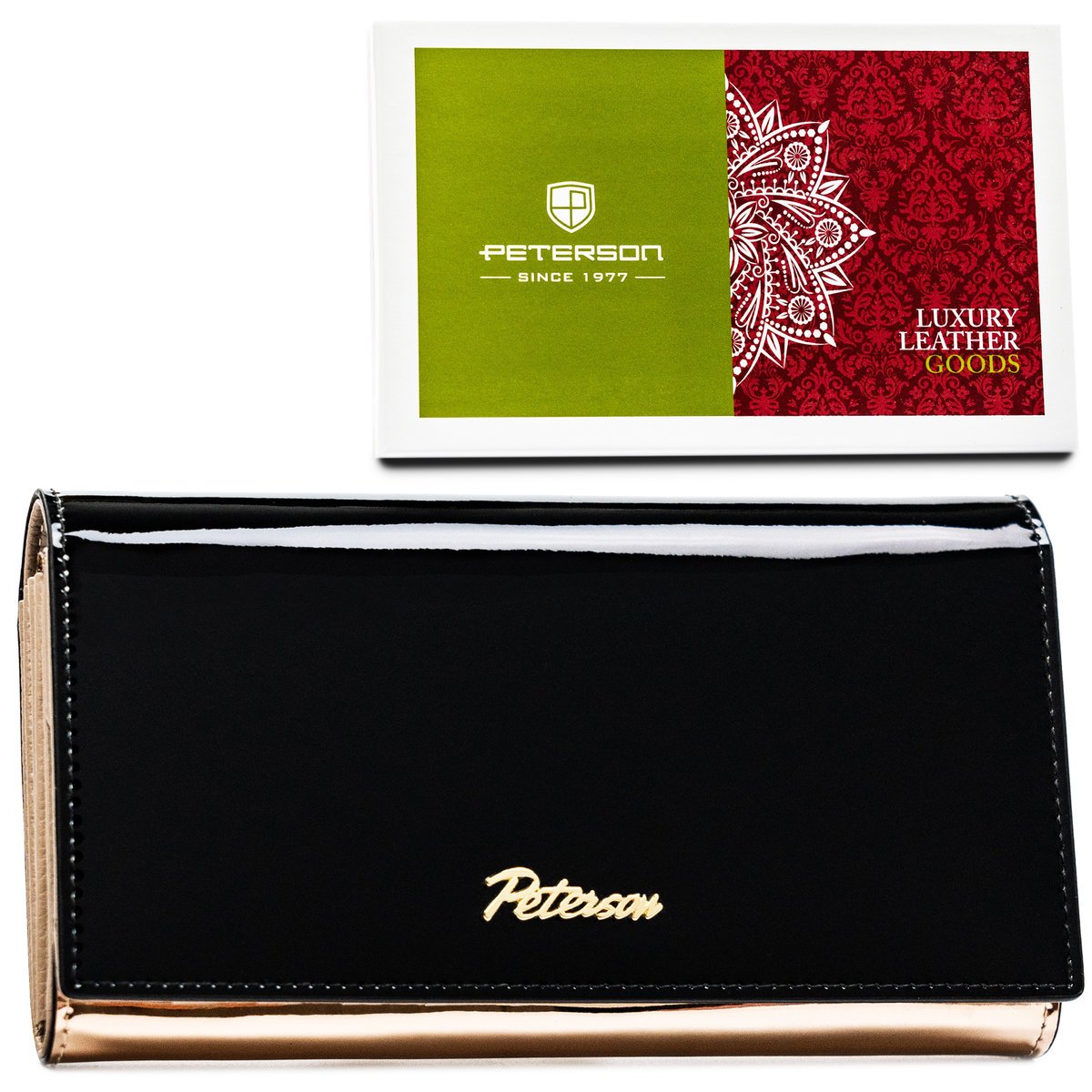 Damski skórzany portfel Peterson lakierowany na zatrzask duża portmonetka na karty z RFID, czarny rosegold