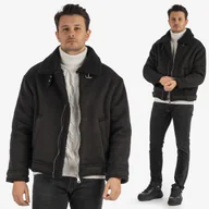 Kurtki męskie - Kurtka Męska Kożuch Z Kołnierzykiem Pilotka Ocieplana Czarna L - miniaturka - grafika 1