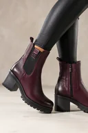 Botki damskie - Bordowe botki skórzane damskie bieżnikowany obcas i platforma guma w cholewce stalowa ozdoba PRODUKT POLSKI Casu 39505 - miniaturka - grafika 1