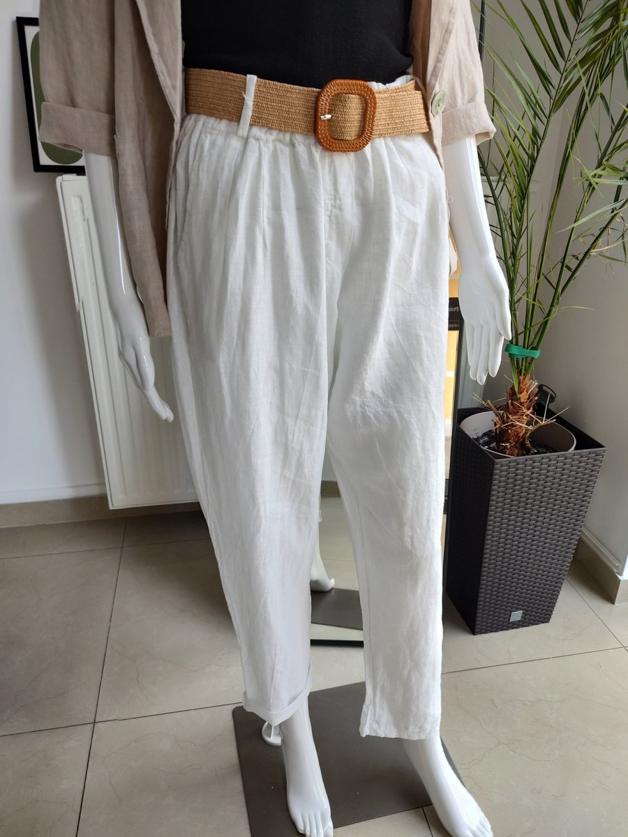 Lniane spodnie z paskiem - biały One size
