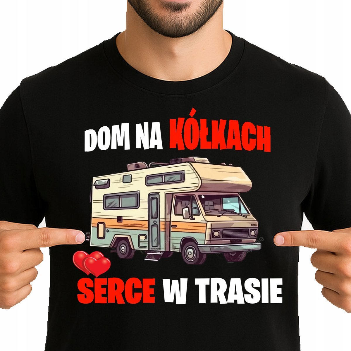 KOSZULKA KAMPER DOM NA KÓŁKACH SERCE W TRASIE CAMPER CAMPING M 3451 CZARNA