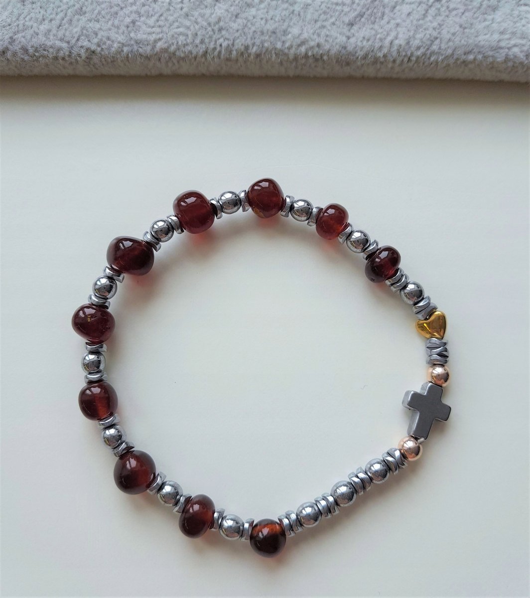 Bransoletka Różaniec Bursztyn Hematyt Krzyż