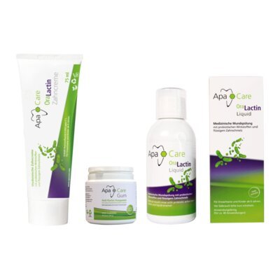 Pasta do zębów APACARE Ora Lactin 75 ml + Guma do żucia APACARE Apa Gum (45 szt.) yn do płukania jamy ustnej APACARE ApaCare 200 ml