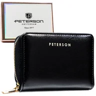Portfele - Mały poziomy portfel damski ze skóry ekologicznej czarny na zatrzask i suwak PETERSON złote okucia karty gotówka pudełko prezentowe ochrona RFID STOP - miniaturka - grafika 1
