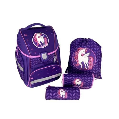 FaBAG 78085-074 - 5-częściowy zestaw tornistra Unicorn/Butterfly z torbą gimnastyczną, piórnikiem, rolką na długopisy i indywidualnymi naszywkami, lekki i ergonomiczny, ok. 22 l pojemności