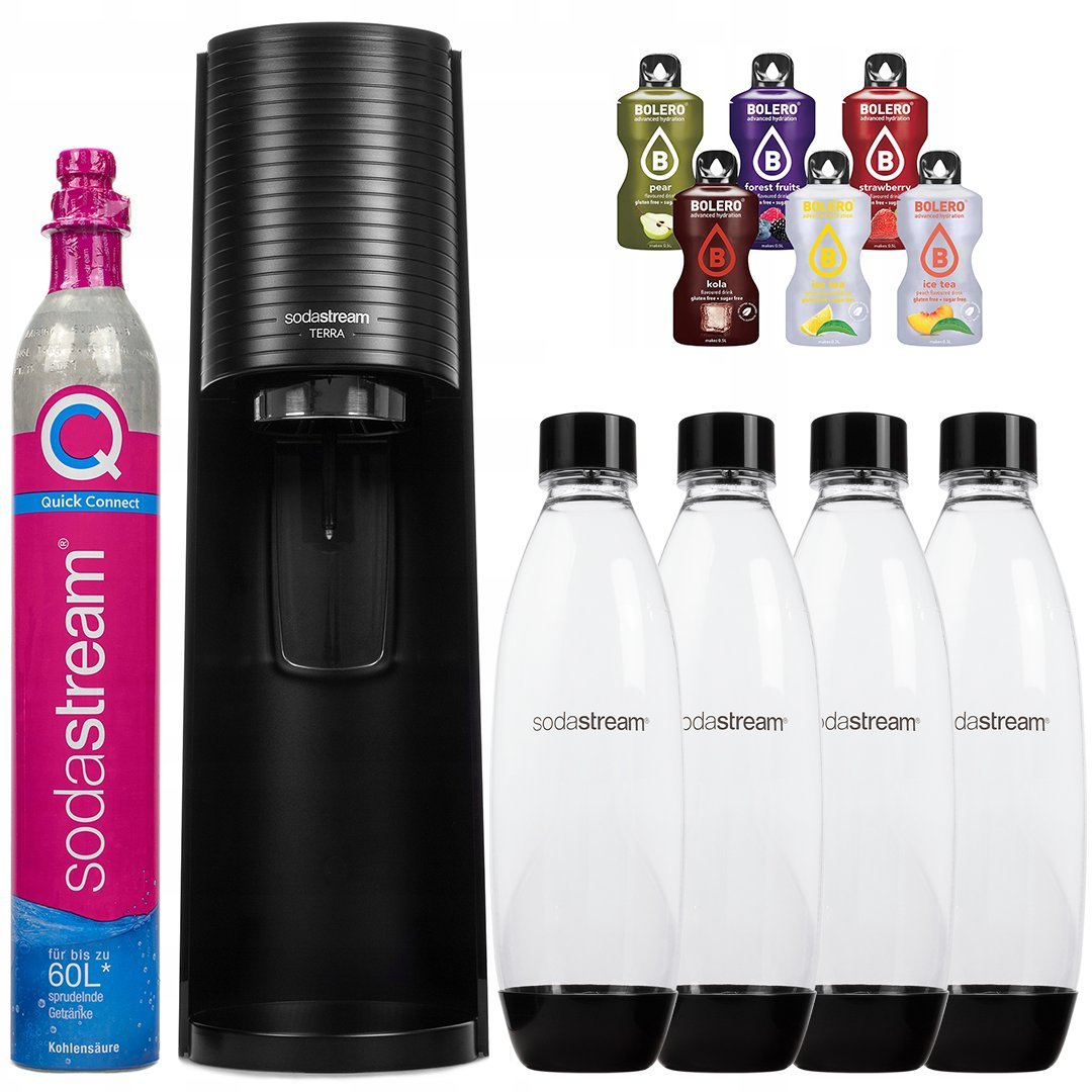 Saturator do wody SODASTREAM Terra Black - czarny ekspres do gazowania, butelki wielokrotnego użytku, syropy bez cukru