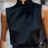 Koszule damskie - TEMU Elegancka koszula bez rękawów w jednolitym kolorze z kwiatowym wzorem 3D Stójka, uniwersalna na każdą porę roku, damskie koszule - ZLLZ - miniaturka - grafika 1