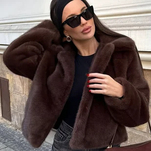 TEMU Kobieca Przytulna Kurtka z Sztucznego - Pluszowy Długi Rękaw, Gruby Zimowy Płaszcz z Kołnierzykiem, Brązowy, Idealny na Codzień i do Biura, - Kurtki damskie - miniaturka - grafika 1