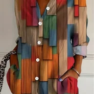 Koszule damskie - TEMU Damska koszula casualowa z geometrycznym nadrukiem, długim rękawem i guzikami - kolorowy i pełny życia design, kołnierz, lekka i oddychająca na - miniaturka - grafika 1