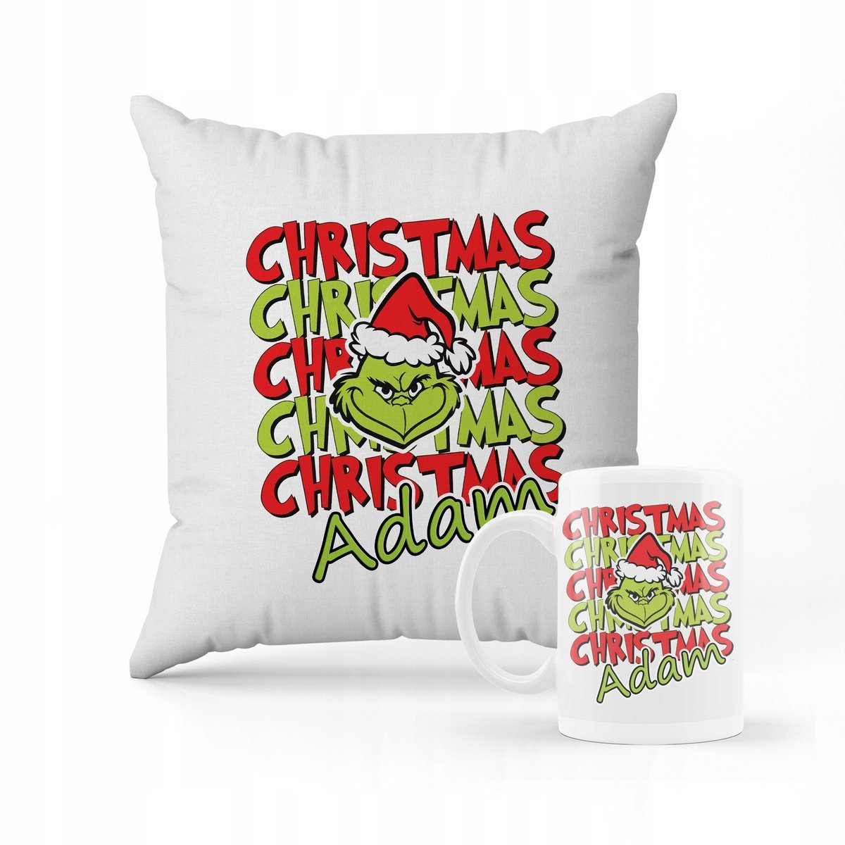 ZESTAW PODUSZKA + KUBEK Grinch święta prezent + IMIĘ