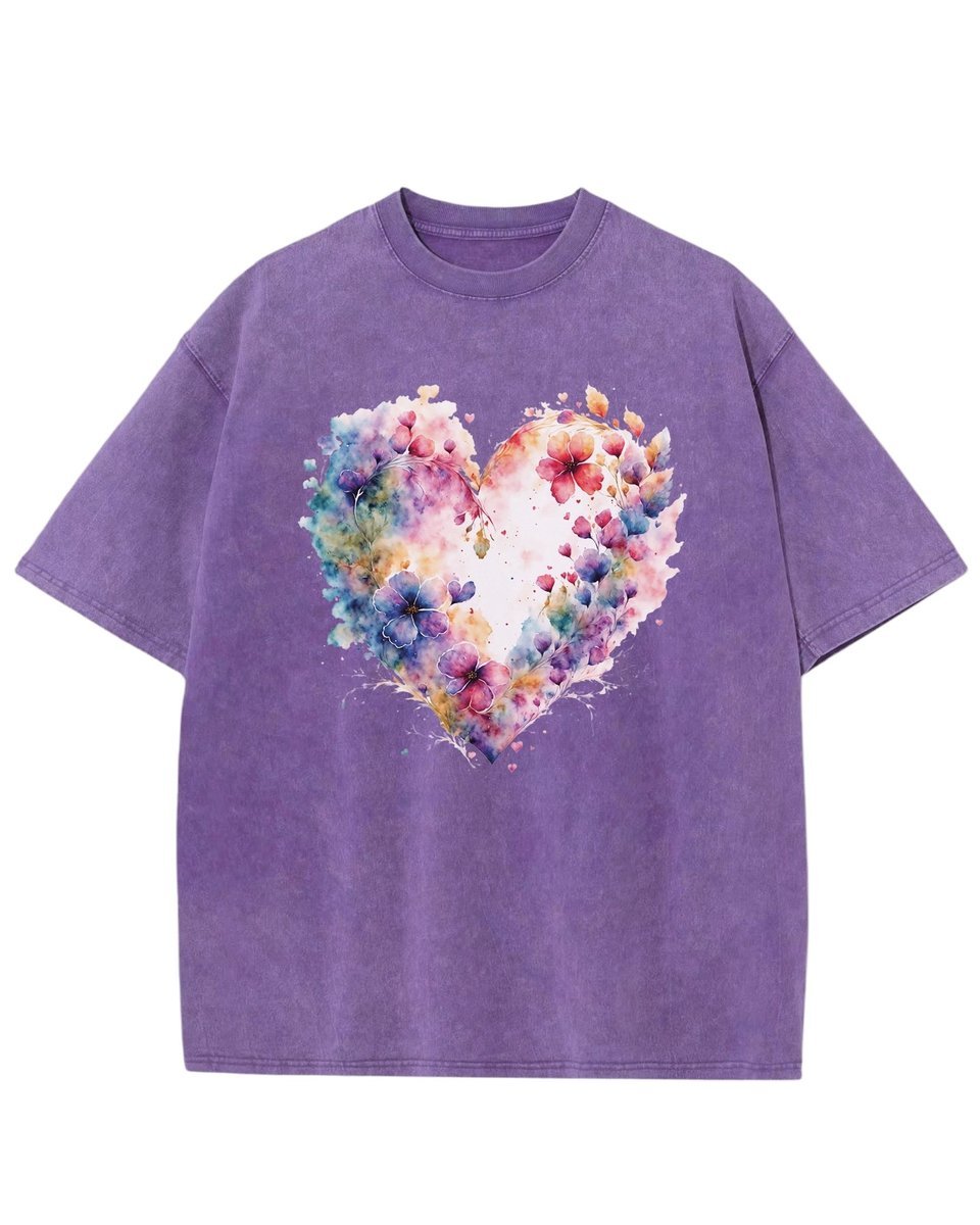 Damska koszulka oversize efekt sprania Serce Pełne Kwiatów Fioletowa M