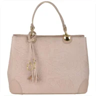Torebki damskie - Skórzana torebka shopper róż pudrowy tłoczone kwiaty - miniaturka - grafika 1