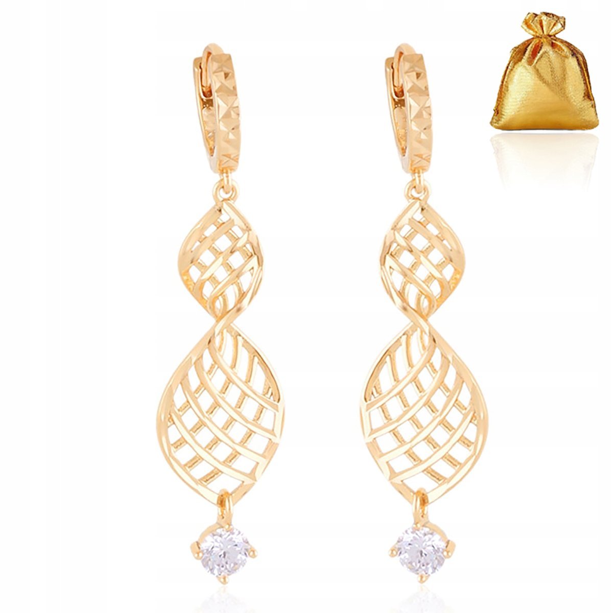 Złote Kolczyki Wiszące Z Cyrkoniami / Długie Ażurowe 18K Stal Chirurgiczna