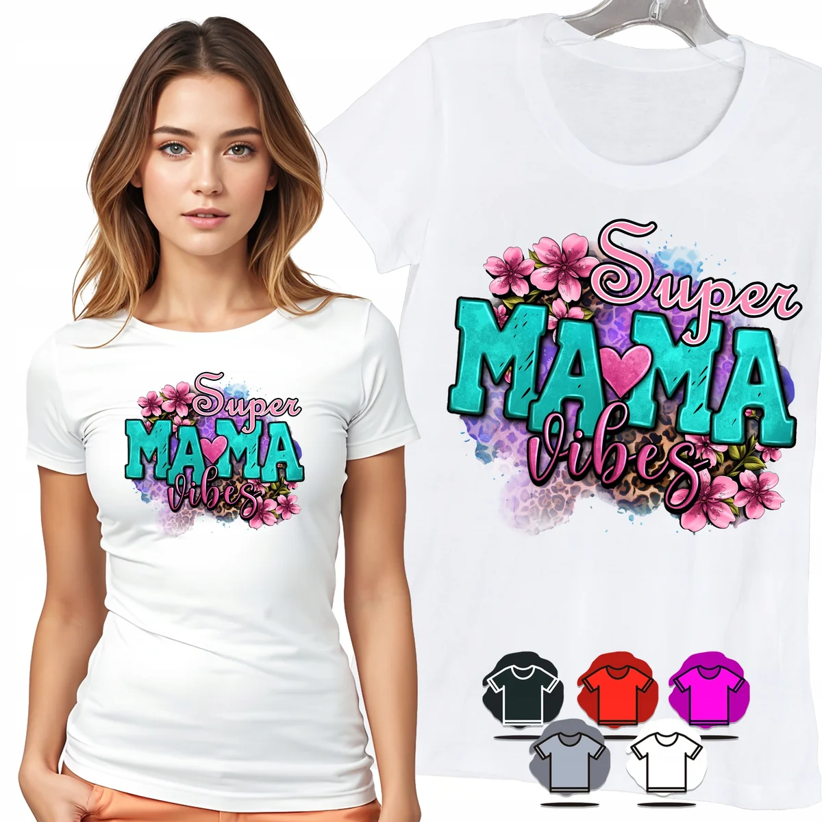 KOSZULKA DAMSKA T-SHIRT - SUPER MAMA VIBES KWIATY KOLOROWE DAMSKI WZÓR - XS