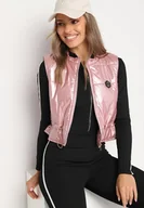 Kamizelki damskie - Różowa Krótka Kamizelka Ozdobiona Naszywką Ściągana w Talii Mevelina - miniaturka - grafika 1