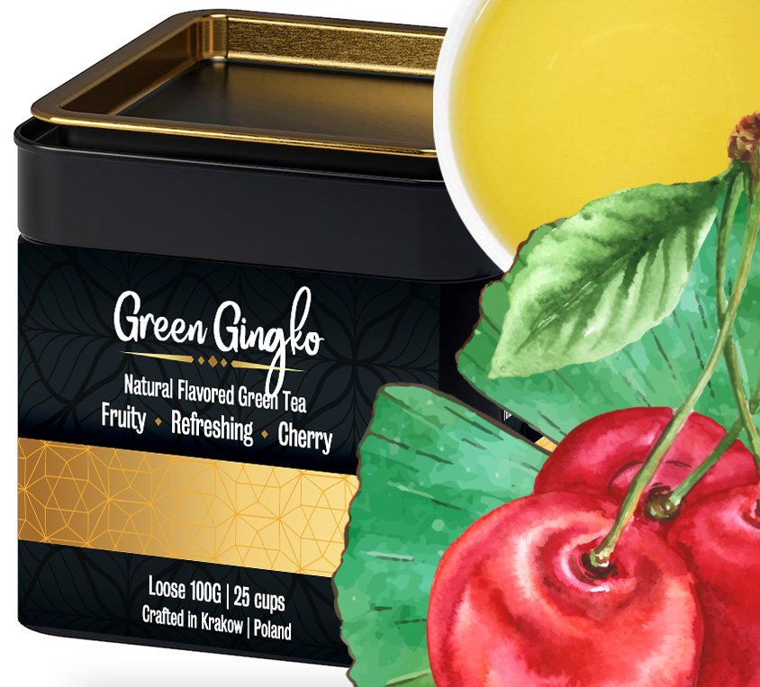 Zielona Herbata Liściasta w Puszce na Prezent Wiśnia Miłorząb Green Gingko 100g