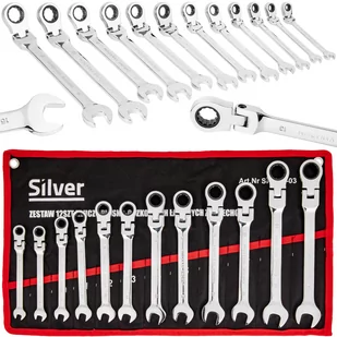 Klucze Płasko Oczkowe z Grzechotką Łamaną 8-19mm 12el. +Płachta SILVER - Klucze i nasadki - miniaturka - grafika 1