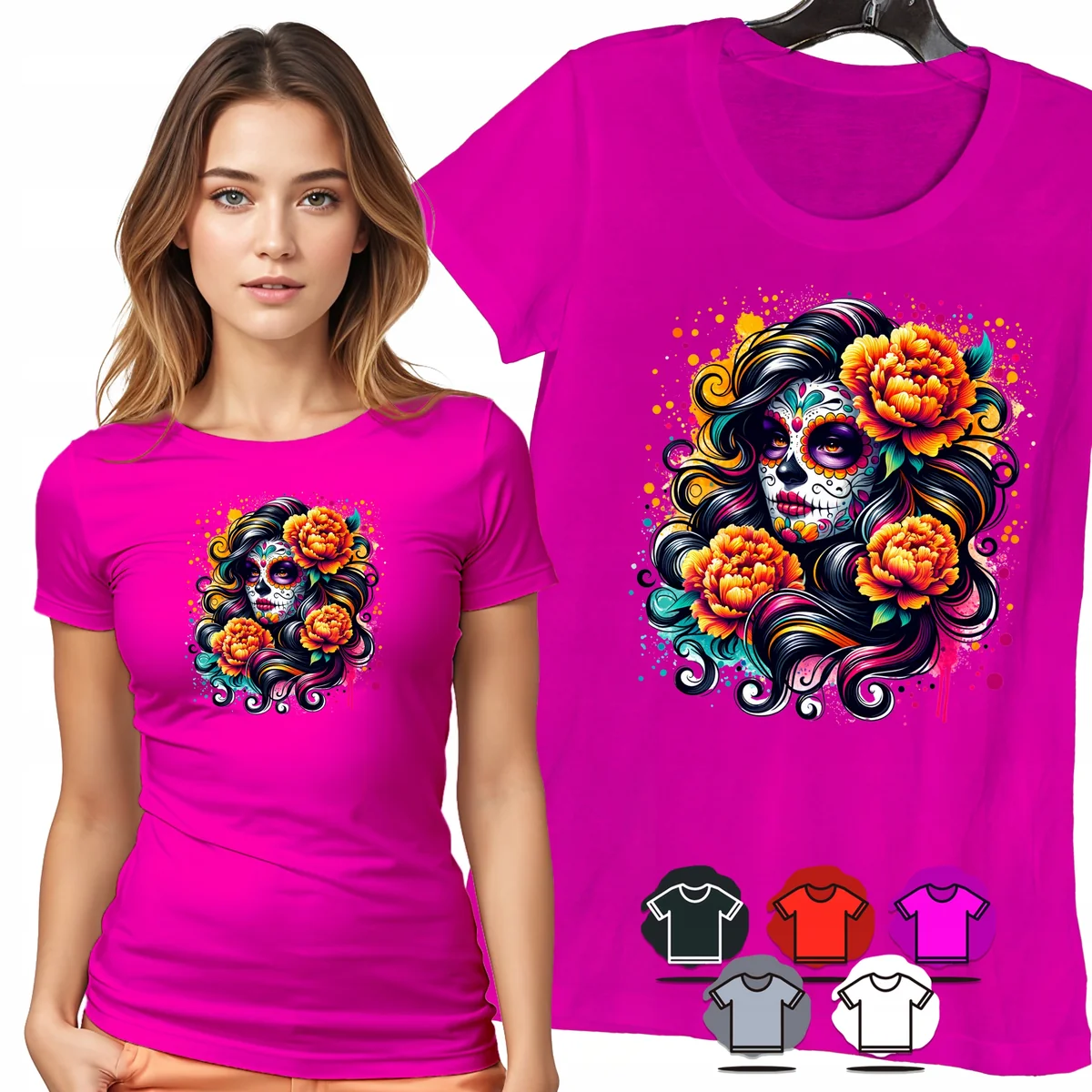 KOSZULKA DAMSKA T-SHIRT - SANTA MUERTE POMARAŃCZOWE KWIATY PORTRET - M