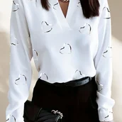 Koszule damskie - TEMU Damska Elegancka Koszula z Nadrukiem Miłości, Długi Rękaw i Dekolt w Serek, Bez Guzików, Lekki Materiał, Odpowiednia na Codzienny Wyjazd Latem, - miniaturka - grafika 1