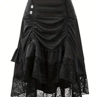 Spódnice - TEMU Damska Wysokotalia Spódnica A-Line w Stylu Vintage - Średniej Długości z Regulowanym Sznurkiem w Pasie, Jednokolorowa Sukienka w Stylu Dworowym, - miniaturka - grafika 1