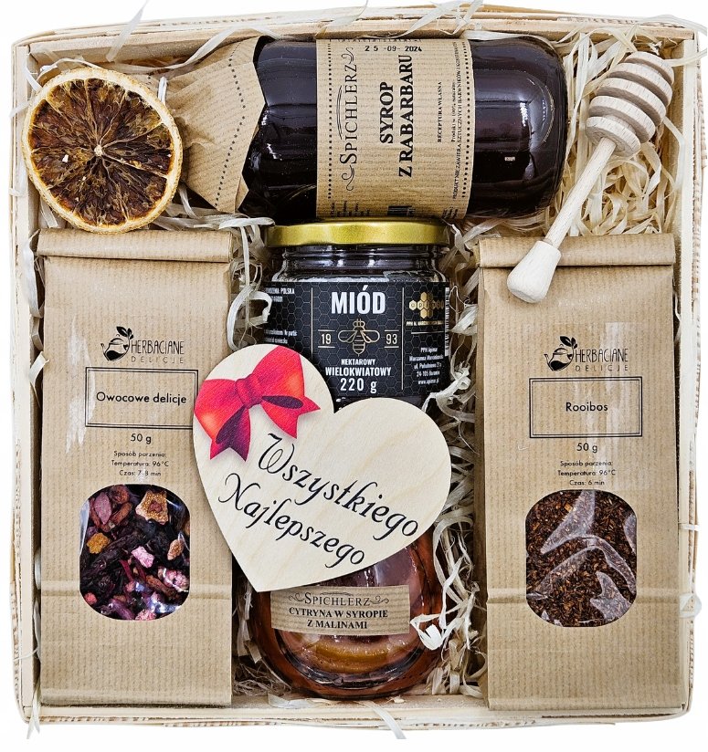 Kosz Prezentowy Zestaw Urodziny Imieniny Miód Herbata 30 40 50 60