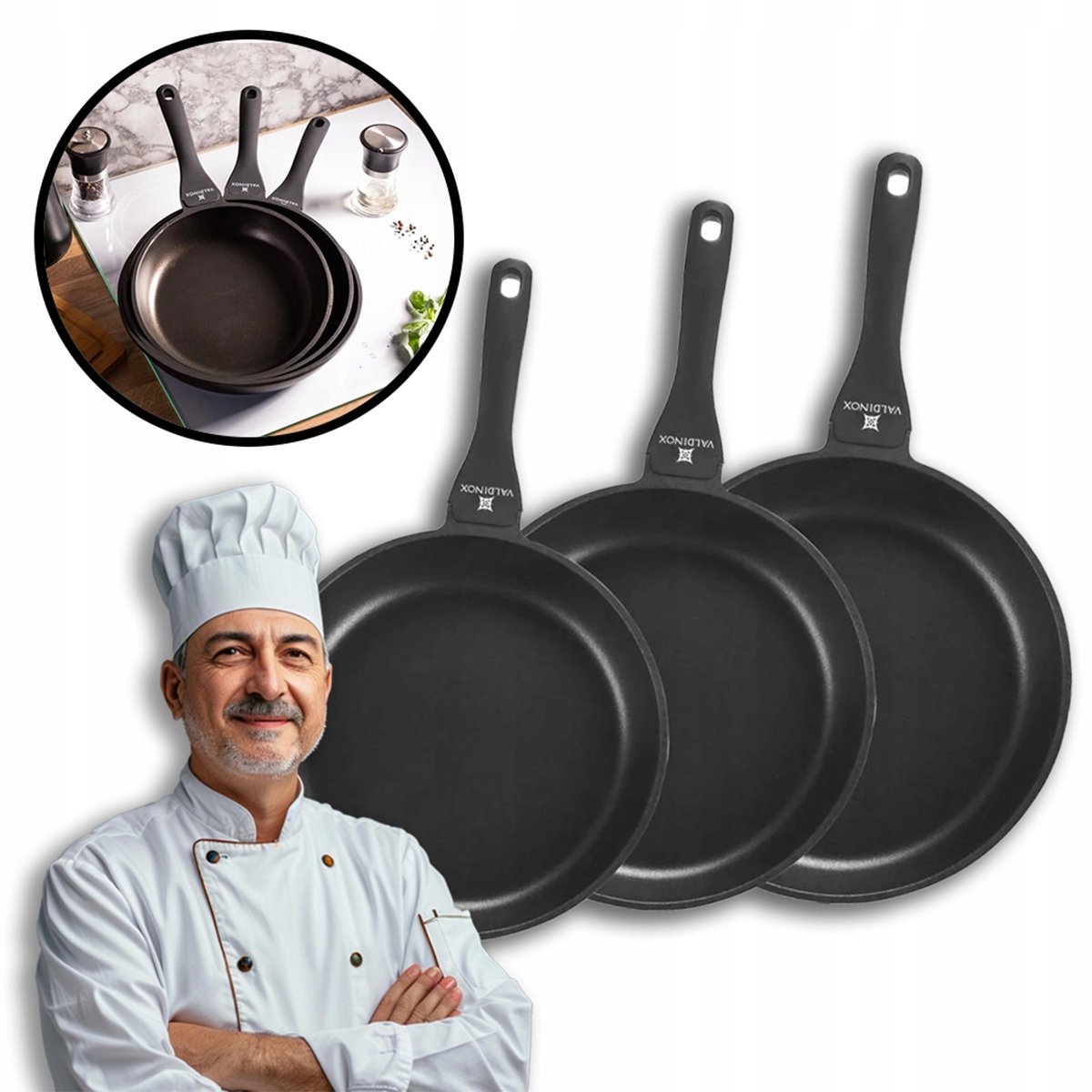 Zestaw patelni z trwałą powłoką premium Valdinox Expert 24/28/30 cm