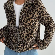 Kurtki damskie - TEMU YY0603411 Damska Kurtka Casual z Stojącym Kołnierzem, Długi Rękaw, Reversybilna w Leopard Print na Jesień/Zimę - miniaturka - grafika 1