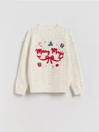 Swetry dla dziewczynek - Reserved - Świąteczny sweter - złamana biel - miniaturka - grafika 1