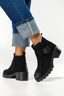 Czarne botki damskie skórzane zamszowe Sergio Leone na klocku z ozdobnym paskiem z klamrą BT720-S-CA - Botki damskie - miniaturka - grafika 1