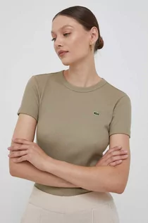 Koszulki sportowe damskie - Lacoste t-shirt bawełniany kolor beżowy - grafika 1