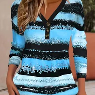 Bluzki damskie - TEMU Koszulka Damska z Dekoltem w Serek - Paski, Luźny Fason, Średnio Elastyczna i Pranie Maszynowe na Jesień, Modne T-Shirty, Wygodna Tkanina - miniaturka - grafika 1