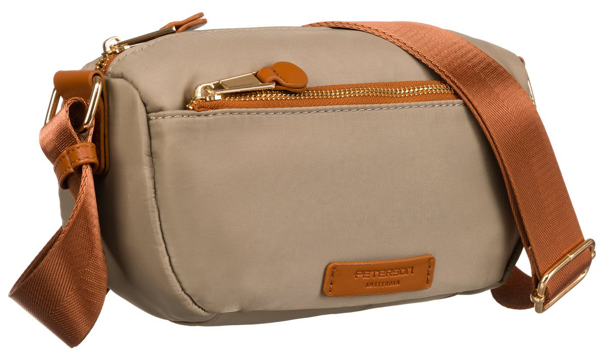 PETERSON Modna listonoszka damska khaki z brązowym wykończeniem mała torebka na ramię lekka miejska na suwak szeroki regulowany pasek kieszonki poje..