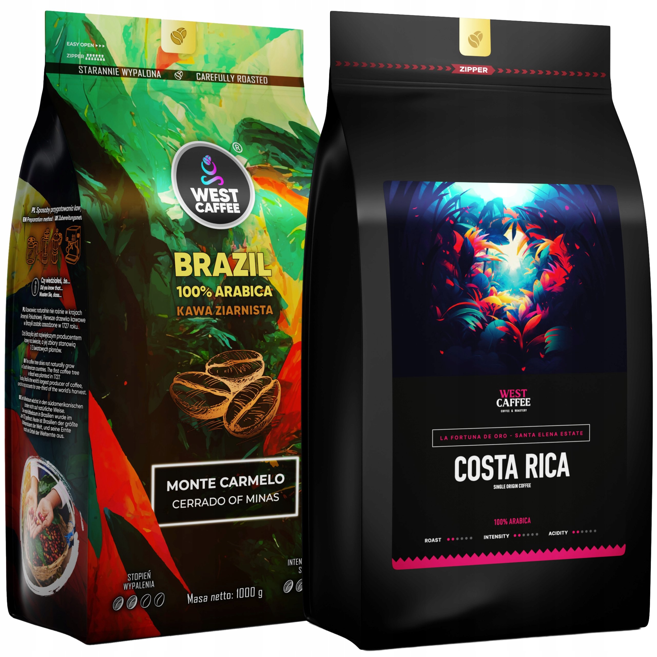 Kawa Ziarnista 2kg Zestaw Brazylia Kostaryka 100% Arabica West Caffee