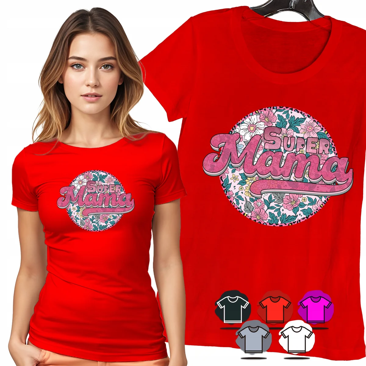 KOSZULKA DAMSKA T-SHIRT - SUPER MAMA KWIATOWE KOŁO RÓŻOWY WZÓR PREZENT - M
