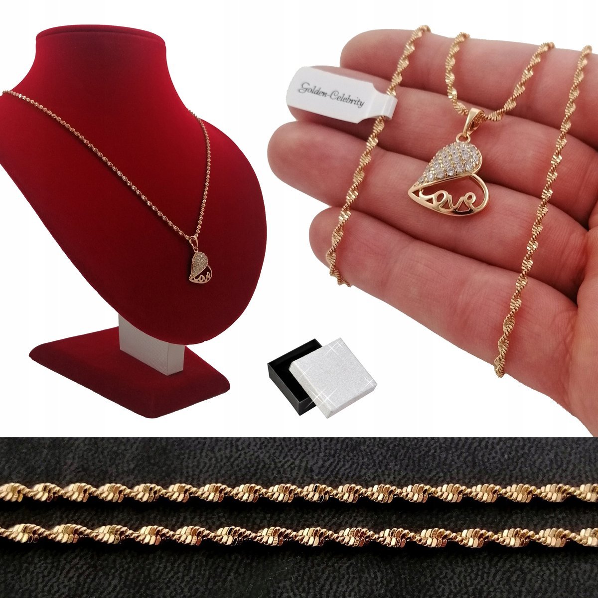 Złoty Singapur Skręcany + Serce Cyrkonie 60Cm 2Mm