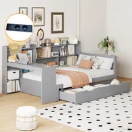 Łóżka dla dzieci i młodzieży - Łóżko dziecięce 90 x 200 cm z biurkiem, 2 szufladami i schowkami, sofa rozkładana - Sosna + sklejka + MDF - Szare (Bez materaca) - miniaturka - grafika 1