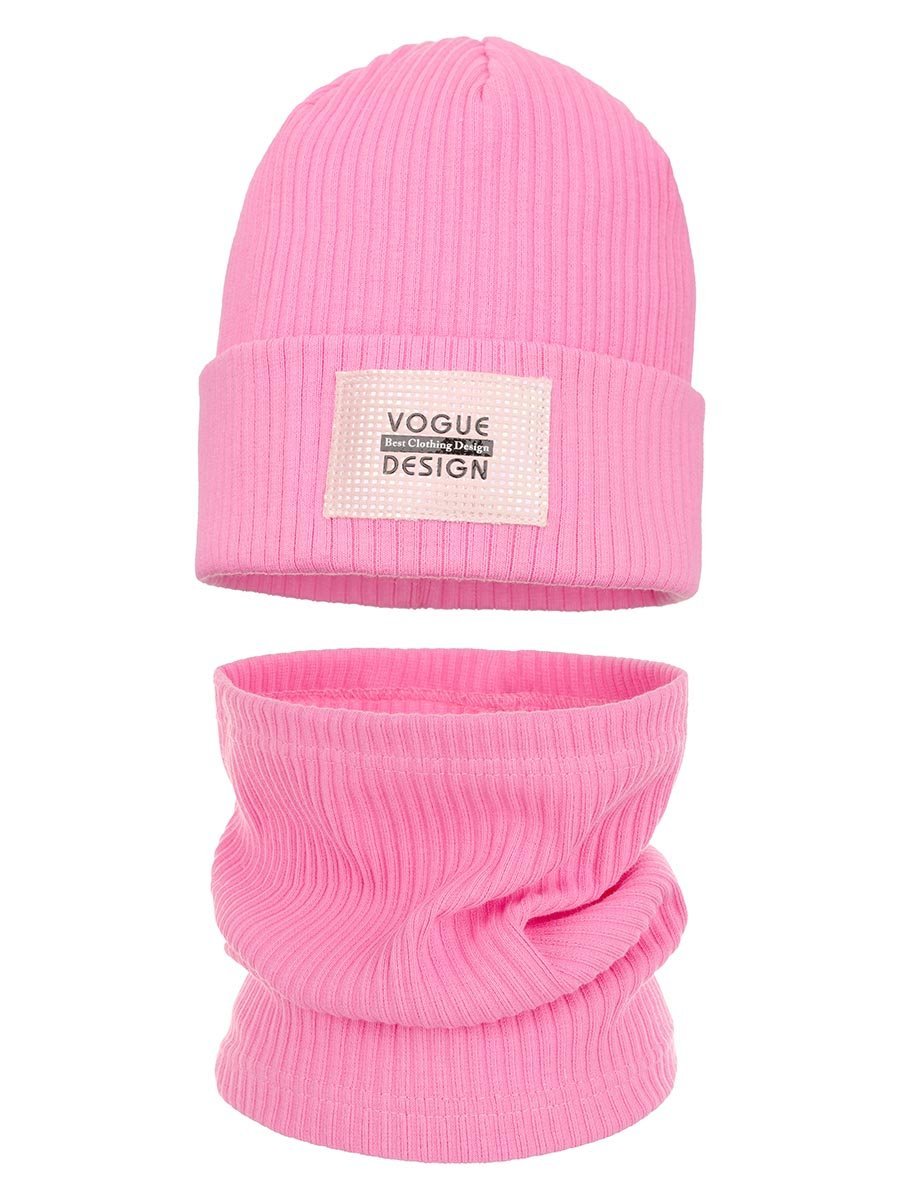 Dziewczęca komplet czapka i komin w prążki naszywka vogue różowy Ambra r.50/54