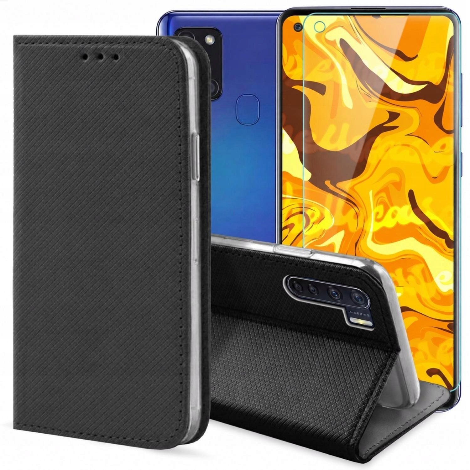 Hello Case Etui z Klapką Do Samsung Galaxy A21s Czarne, Zamykane, Kabura Szkło BNDL1222