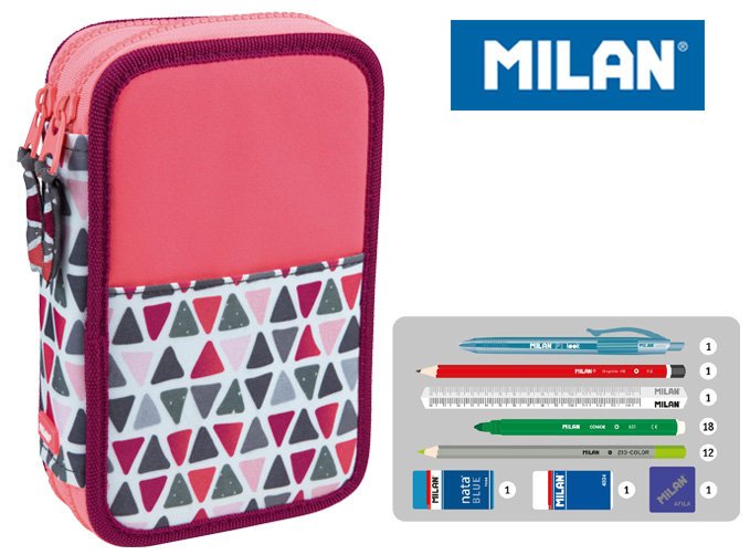 Piórnik z wyposażeniem dwukomorowy dla dzieci, Milan, geometryczny, różowy