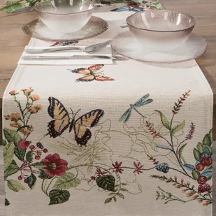 Bieżnik obrus dekoracyjny gobelin SPRING 40x100 Eurofirany naturalny czerwony kwiaty motyle - Obrusy i serwetki - miniaturka - grafika 1