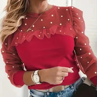 Bluzki damskie - TEMU Koszulka damska z długim rękawem, z siateczką i koralikami, idealna na co dzień - miniaturka - grafika 1