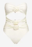 Stroje kąpielowe - Biały Jednoczęściowy Strój Kąpielowy z Wycięciami i Aplikacjami w Formie Kwiatów Vegelia - miniaturka - grafika 1