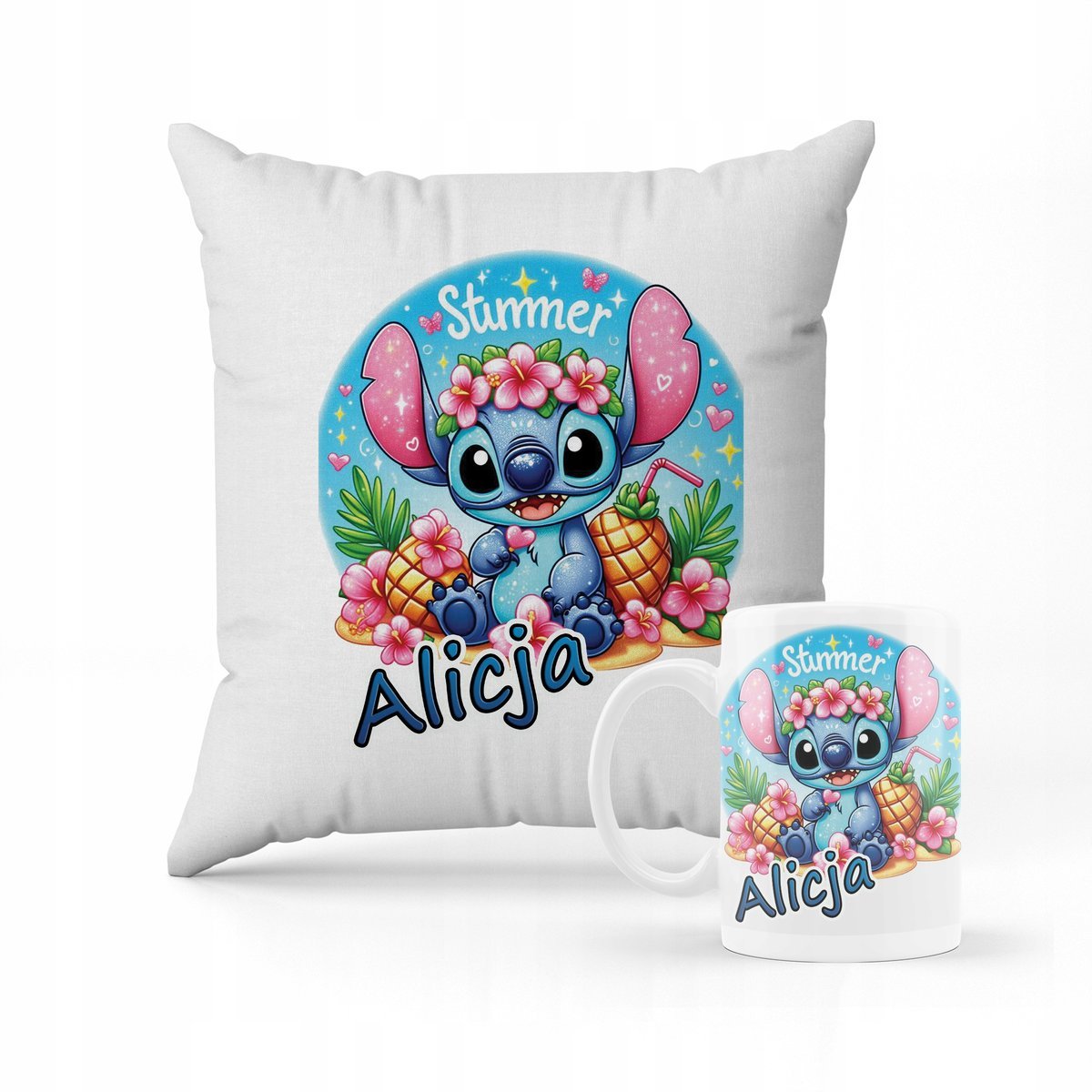 ZESTAW PODUSZKA + KUBEK PREZENT DLA DZIECKA STICH STITCH STICZ + IMIĘ #10