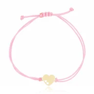 Bransoletki - Bransoletka różowy sznurek dwa serduszka w złotym sercu pr.585 - miniaturka - grafika 1