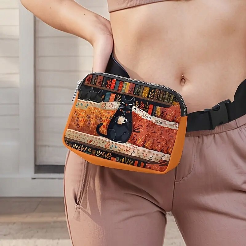 Nerka torebka BOHO ART z czarnym kotem przegródki CZARNY KOT kawa herbata