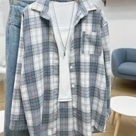 Koszule damskie - TEMU Damska koszula-kurtka w niebiesko-białą szachownicę na wiosnę i jesień, idealna do dojazdów do pracy, domu i na wyjścia, uniwersalna w stylu - miniaturka - grafika 1